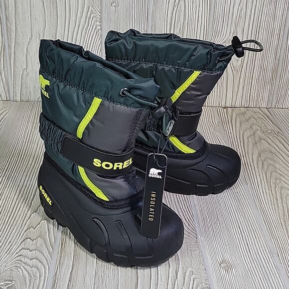 Sorel Flurry Winter Snow Boots Green Black Waterproof Kids Toddler Size 9 NIB - Picture 2 of 14